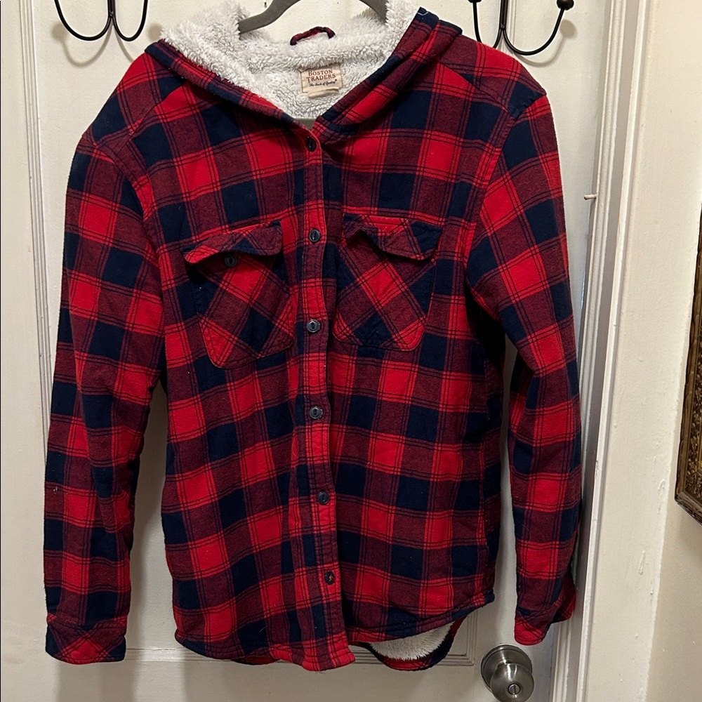 Women’s Sherpa-Lined Plaid Hooded Shirt Jacket - Red/Navy